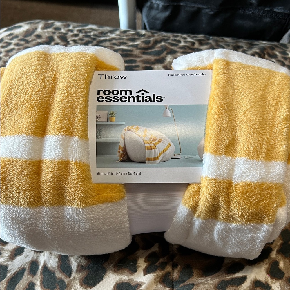Room Essentials Yellow and White Plush Striped Throw